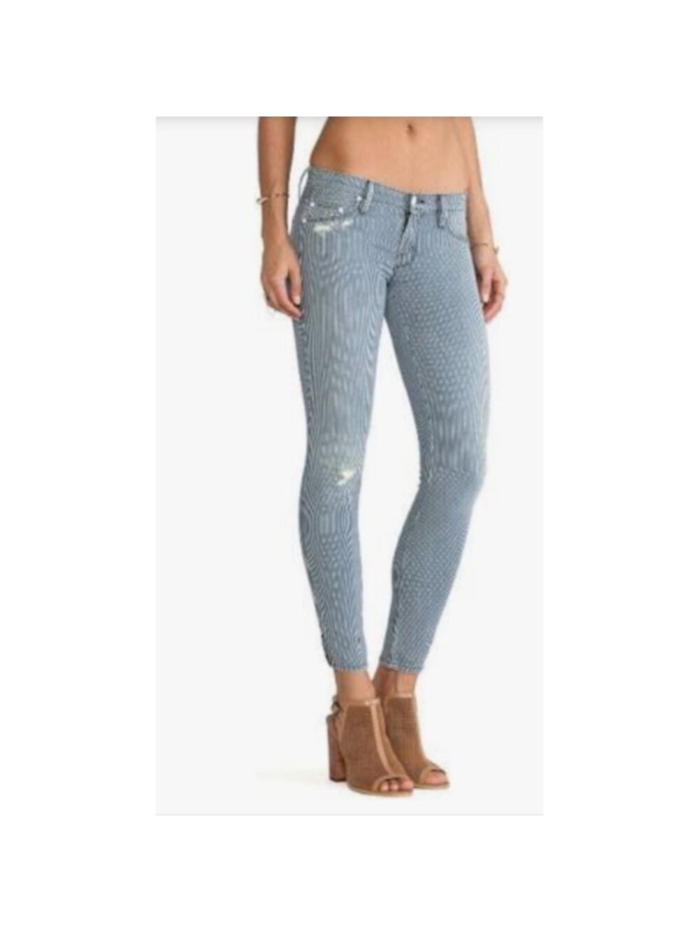 MOTHER The Vamp Skinny Jean Womens 27 Blue Pinstripe Destroy Stretch Twill